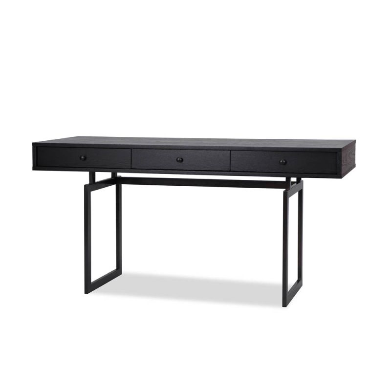 Black wooden industrial-style desk with three drawers