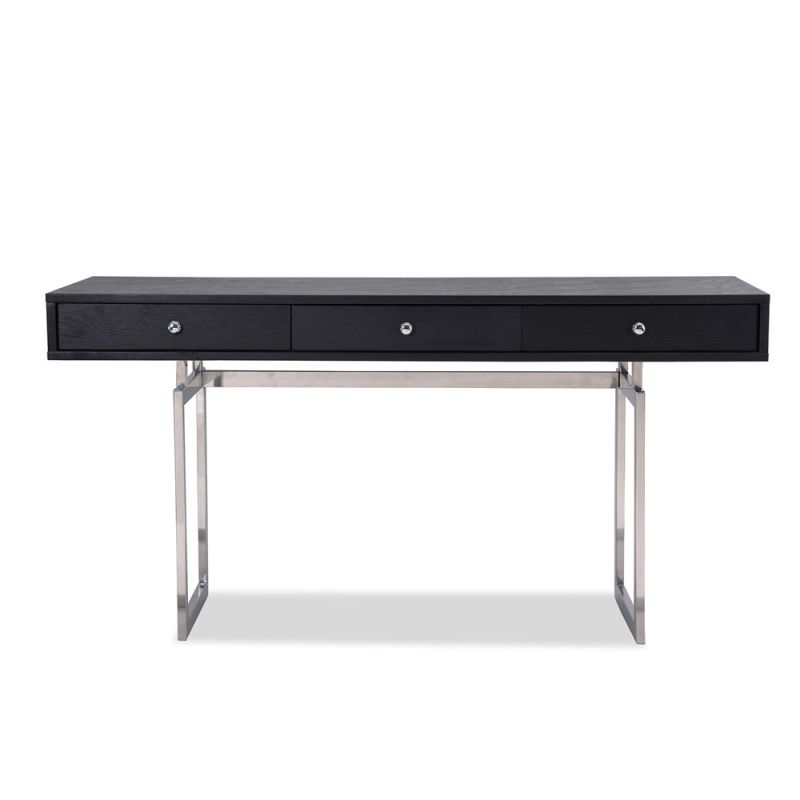 Industrial-style black wooden desk with three drawers and metal base