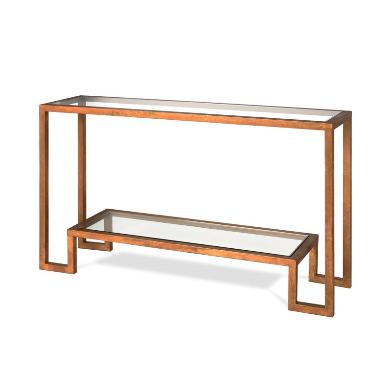 Antique gold framed console table with two-tier glass shelving