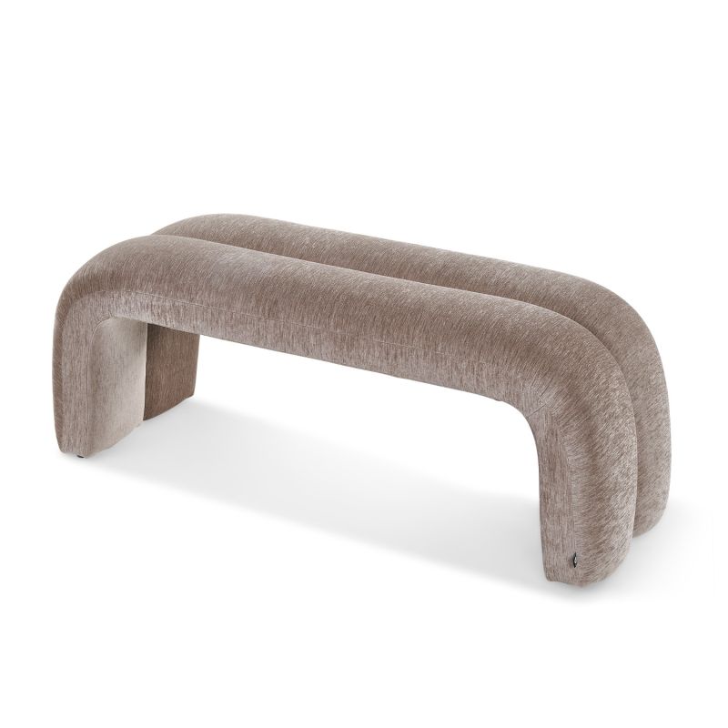Upholstered taupe curved bench