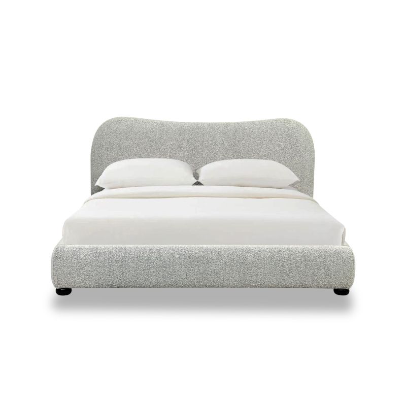 Grey boucle upholstered king size bed with wooden legs