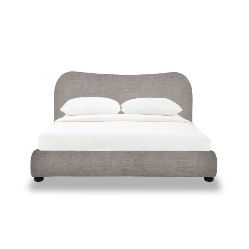 Grey boucle upholstered king size bed with wooden legs