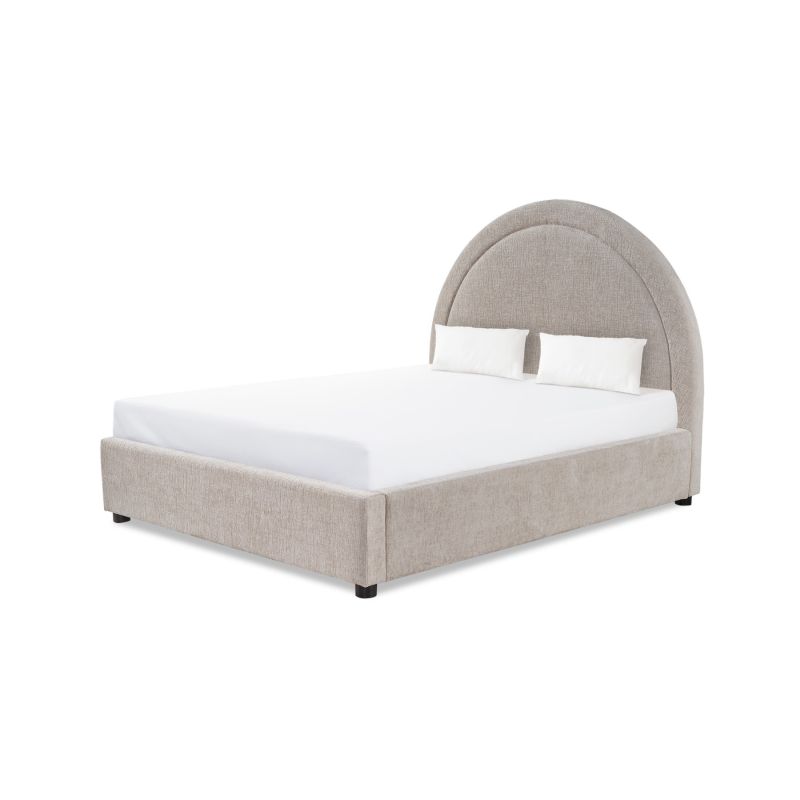 A stylish bed by Liang & Eimil with a gorgeous taupe upholstery and statement rounded headboard