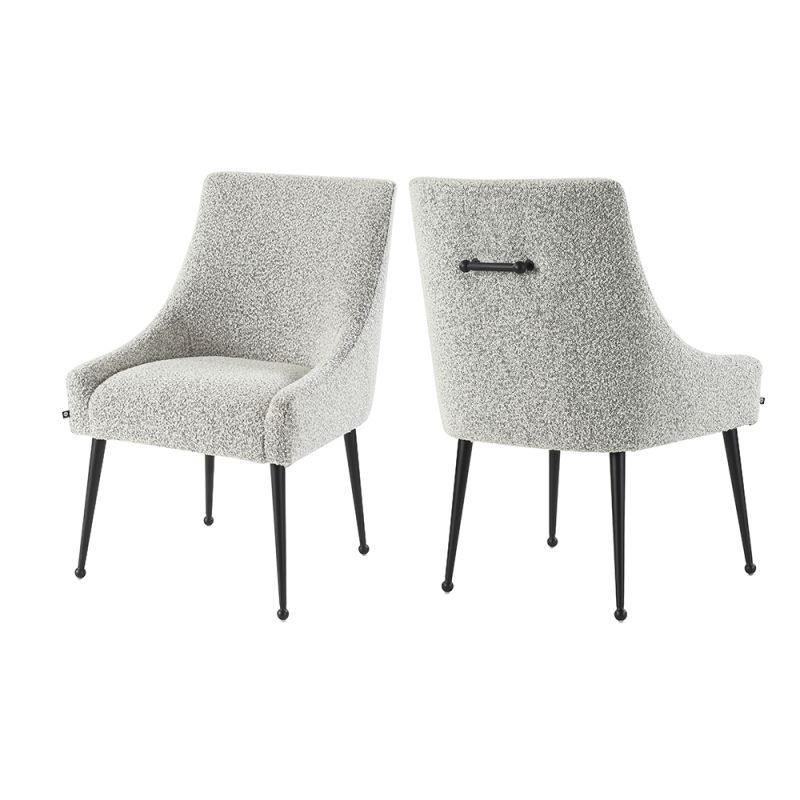 Upholstered grey velvet dining chair with handle on backrest