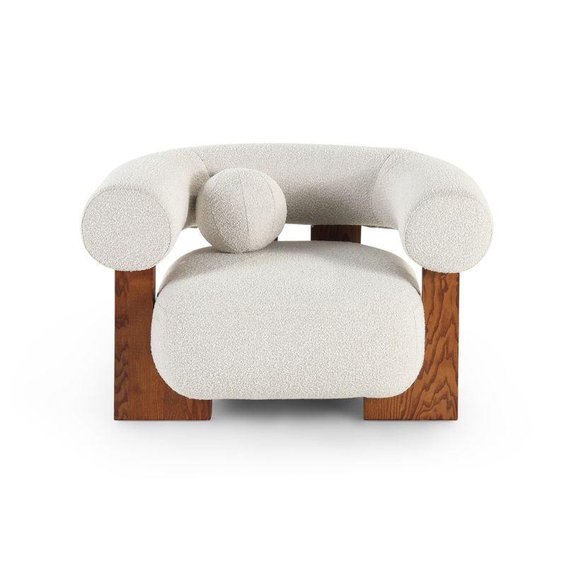 Sand-coloured Bouclé upholstery chair with ball-shaped cushion