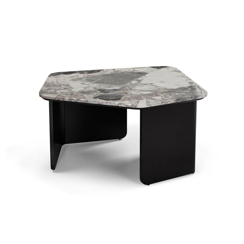 Pentagonal-shaped grey marble top coffee table with matte black legs