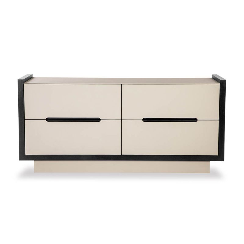 Modern cream coloured chest of drawers with leather front and matte black edges