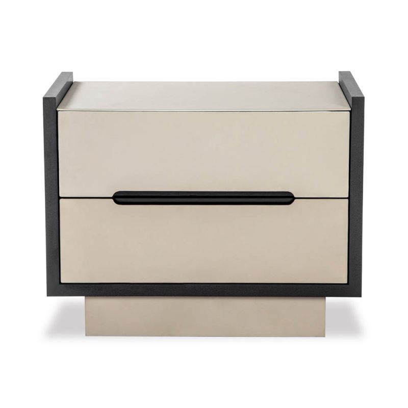 Neutral leather finish two-drawer bedside table with black contrast edges