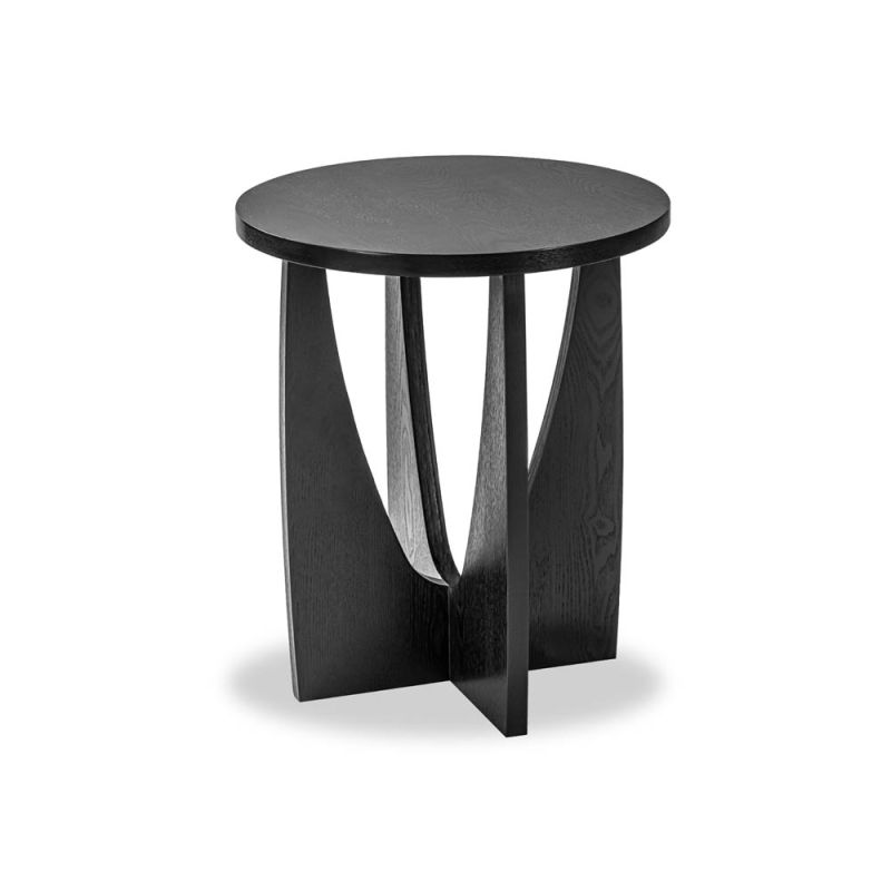 Classic mid-century silhouette side table with curve cut out legs and round top in black wood finish