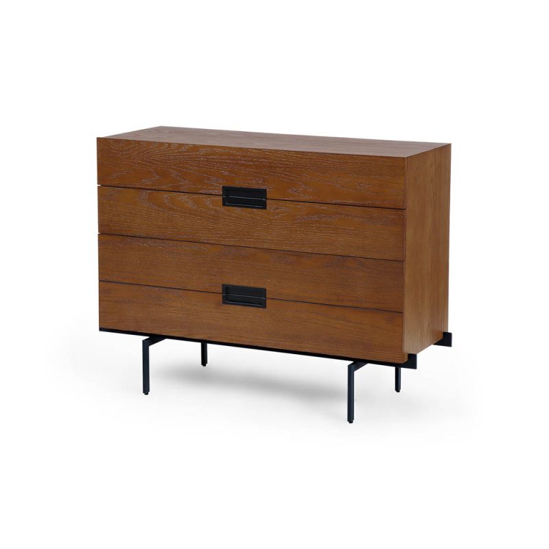 Retro-style brown wood chest of drawers with black accents
