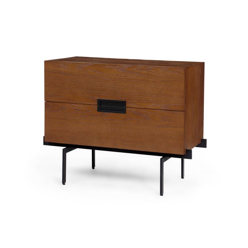 Mid century-inspired bedside table with thin black legs