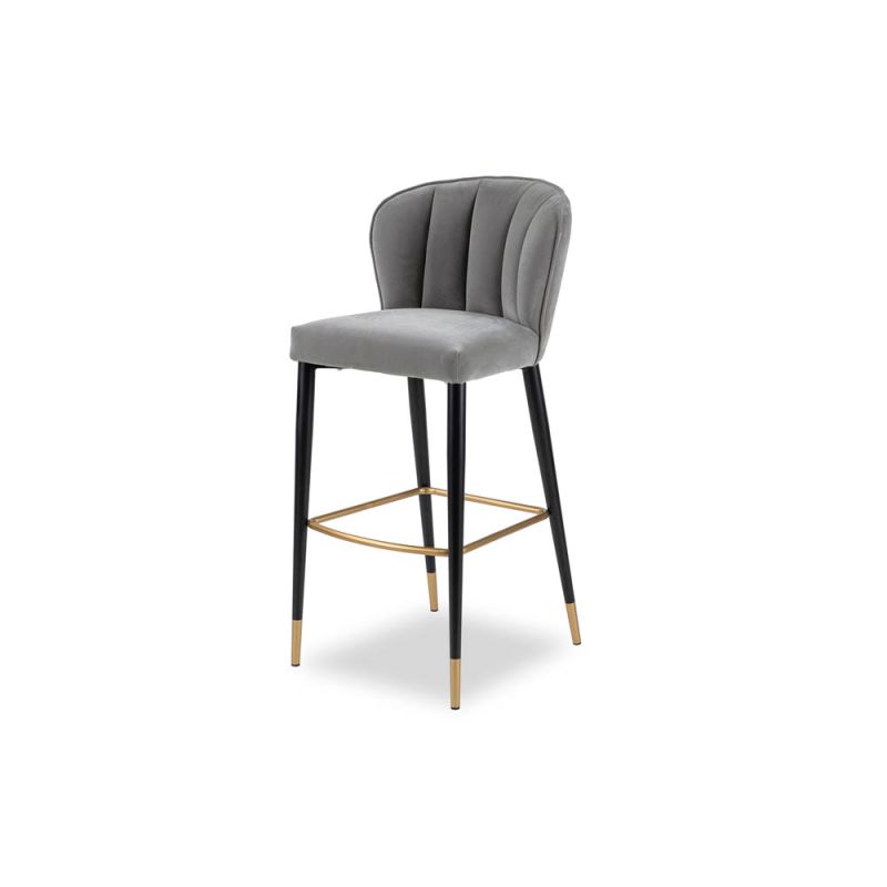 Art-deco inspired bar stool in grey velvet with fluting details and brass accents