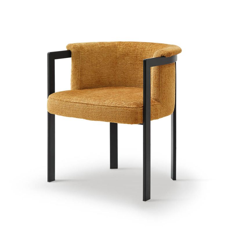 Gorgeous boucle upholstered dining chair in mustard with black frame