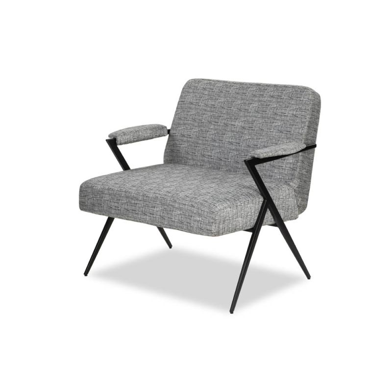Grey upholstered armchair with slim black steel frame
