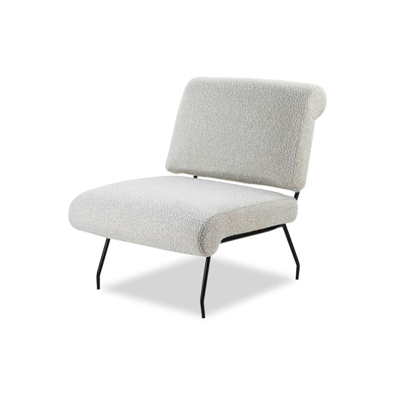 Neutral boucle upholstered armchair with rolled-back