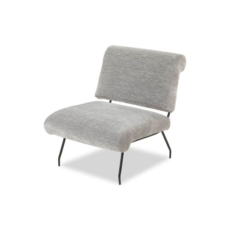 Grey upholstered armchair with rolled back