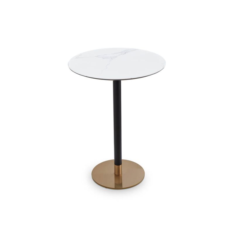 White marble top bar table with brass element at the base