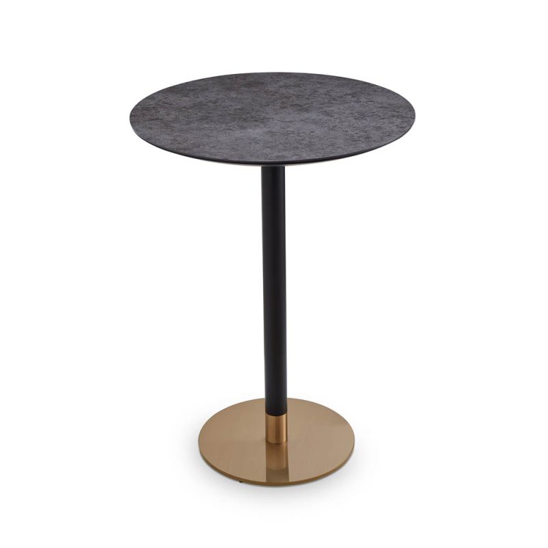 Textured black round top bar table with brass base