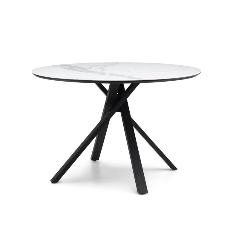 Round, white marble top dining table with dynamic crossed over legs