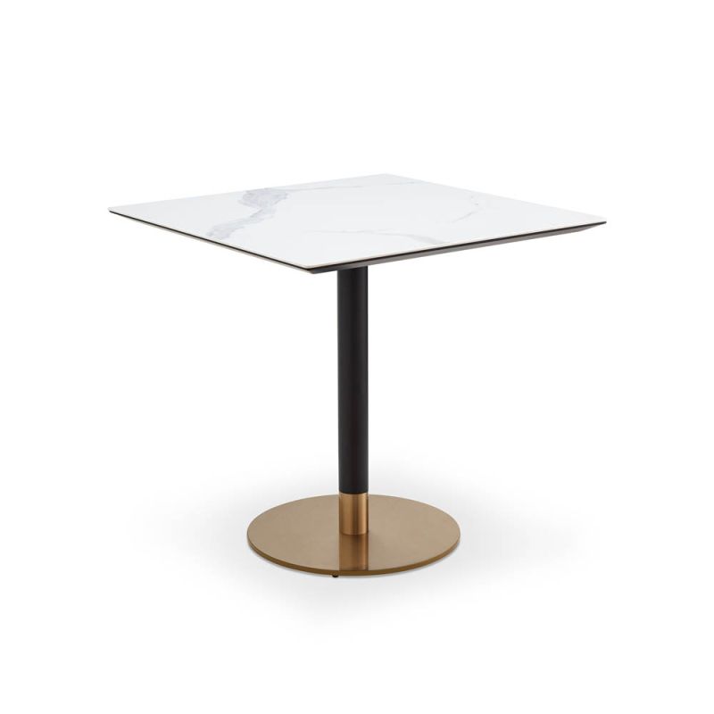 Square dining table with white marble top and brass base