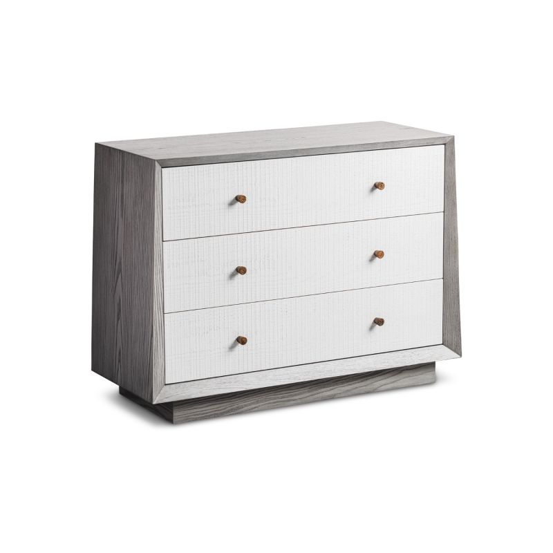 A luxury chest of drawers with a grey and white wood finish
