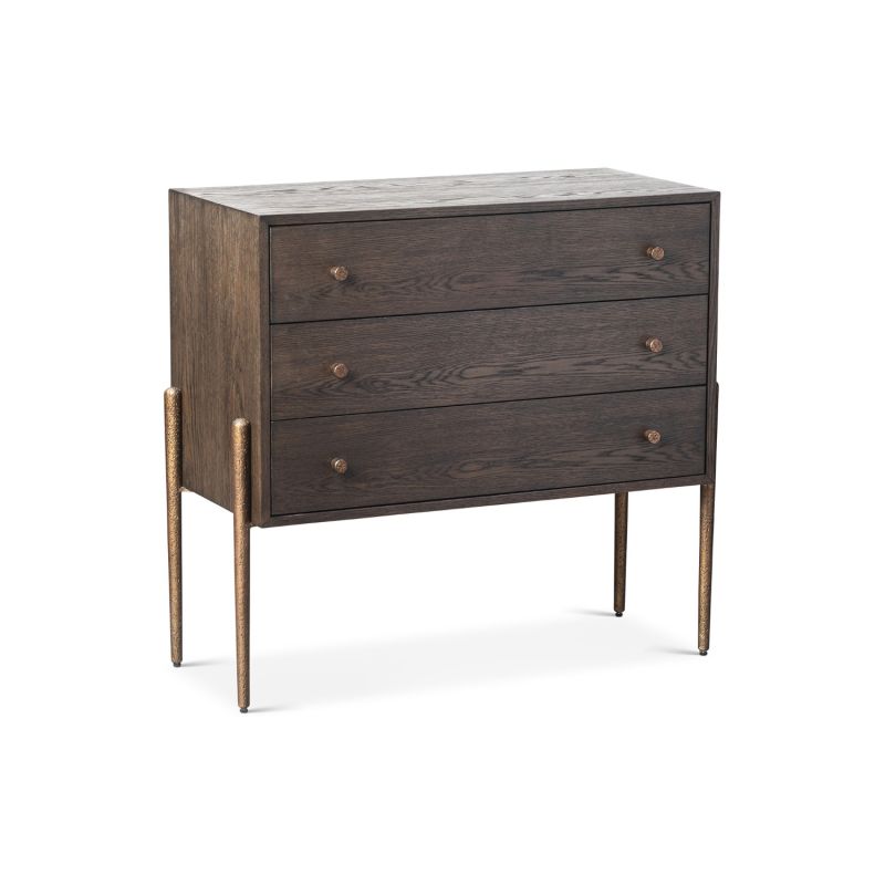 A luxury chest of drawers with a brown and bronze finish