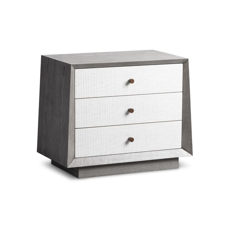 A luxury bedside table with a grey and white wood finish