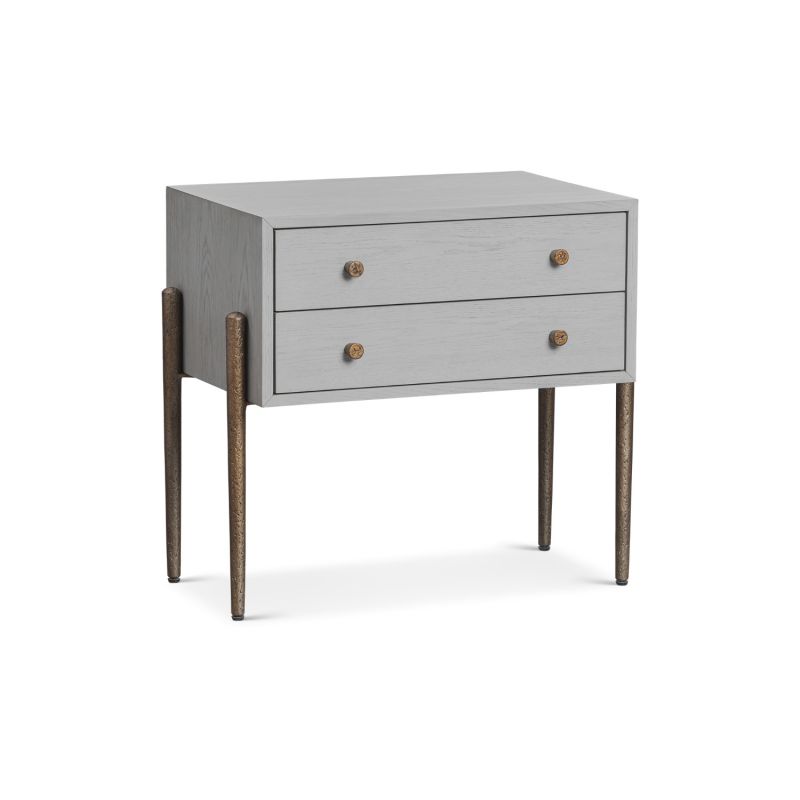 A luxury bedside table with a grey and bronze finish