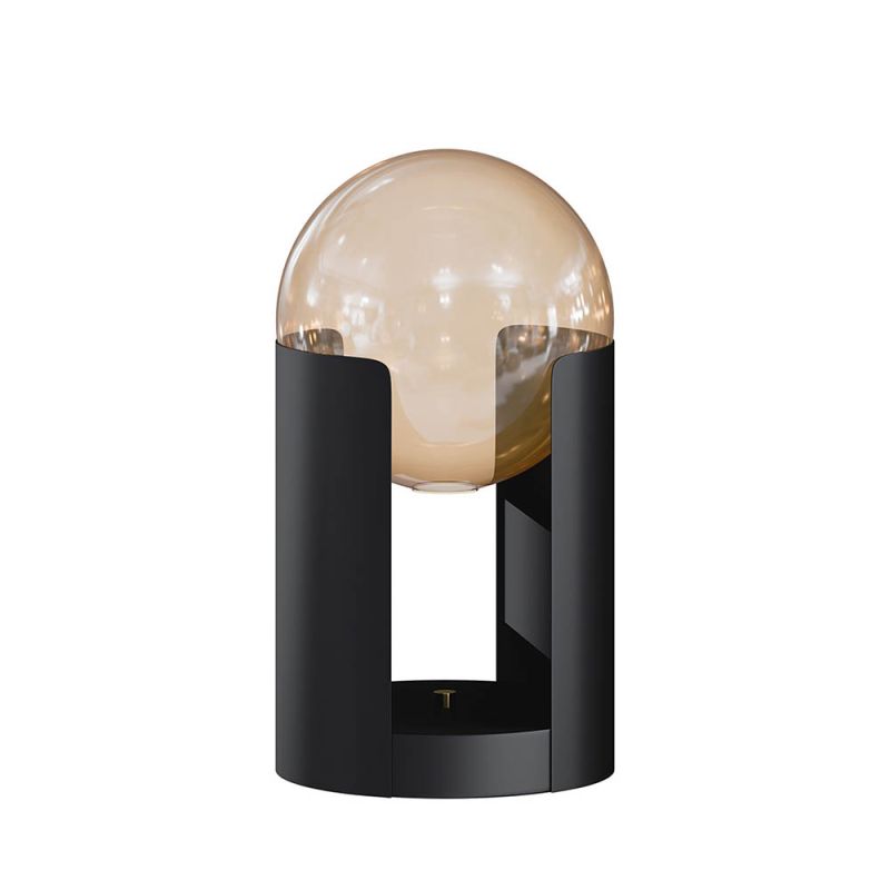 Black sculptural table lamp with amber coloured glass