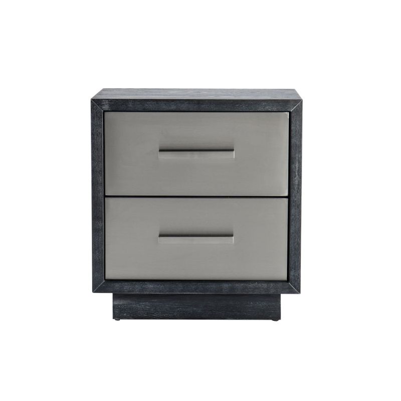 Stainless steel front bedside table with two drawers and charcoal finish wood