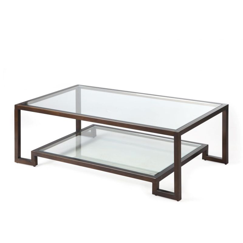 Antique bronze framed coffee table with two-tier glass shelving