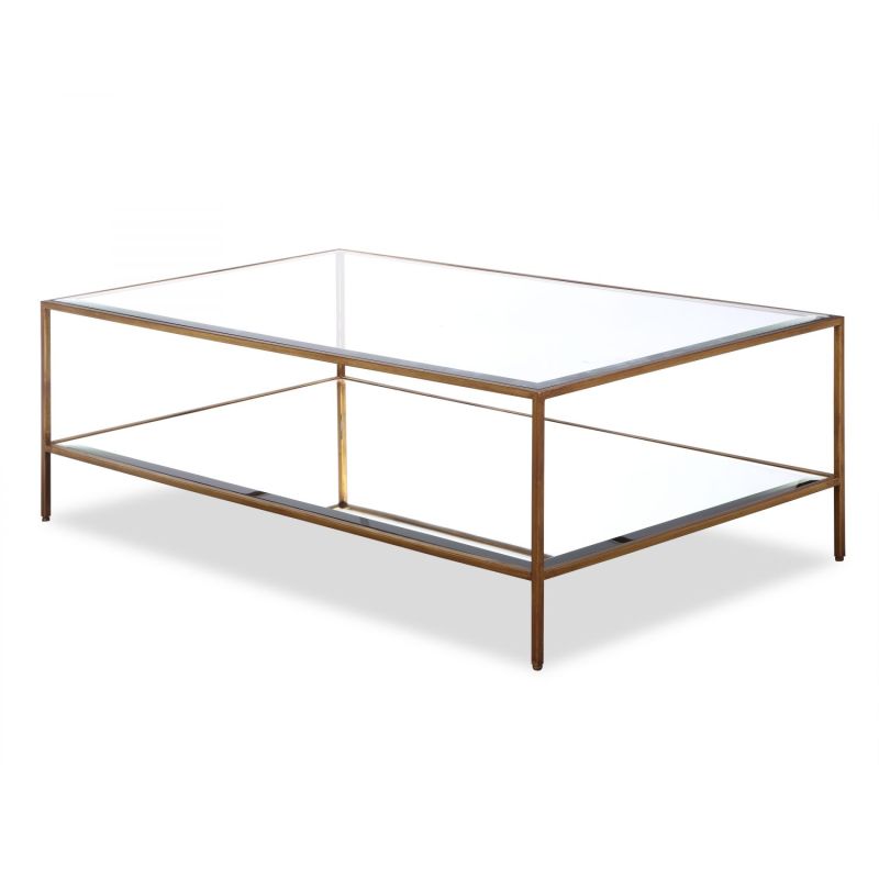 Antiqued brass metal frame coffee table with antique mirror surface