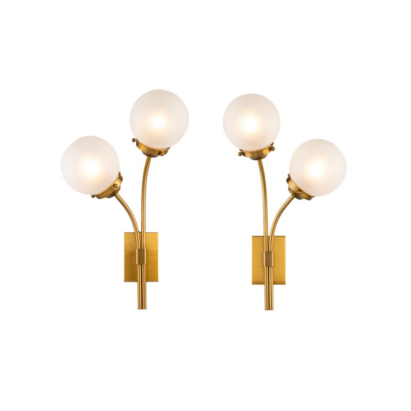 Brass wall fixture with two splayed orb lights
