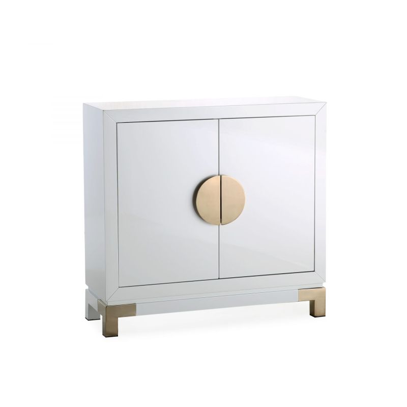 White gloss sideboard with brass circular segments as handles