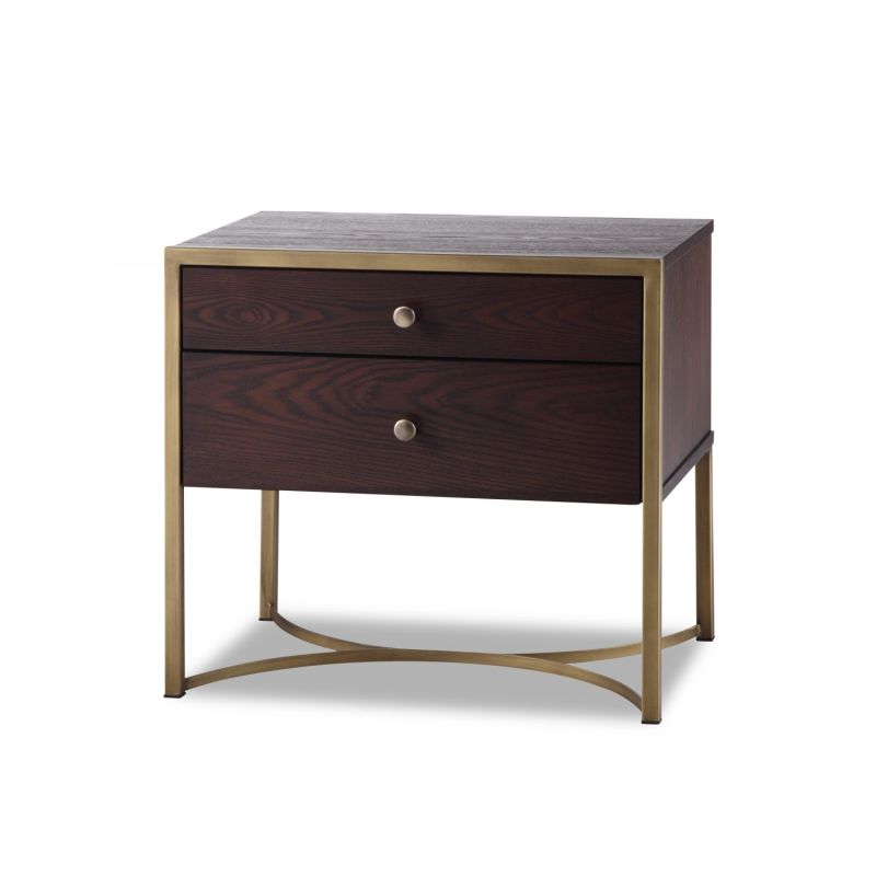 Rich brown wood 2 drawer bedside table with brass accents