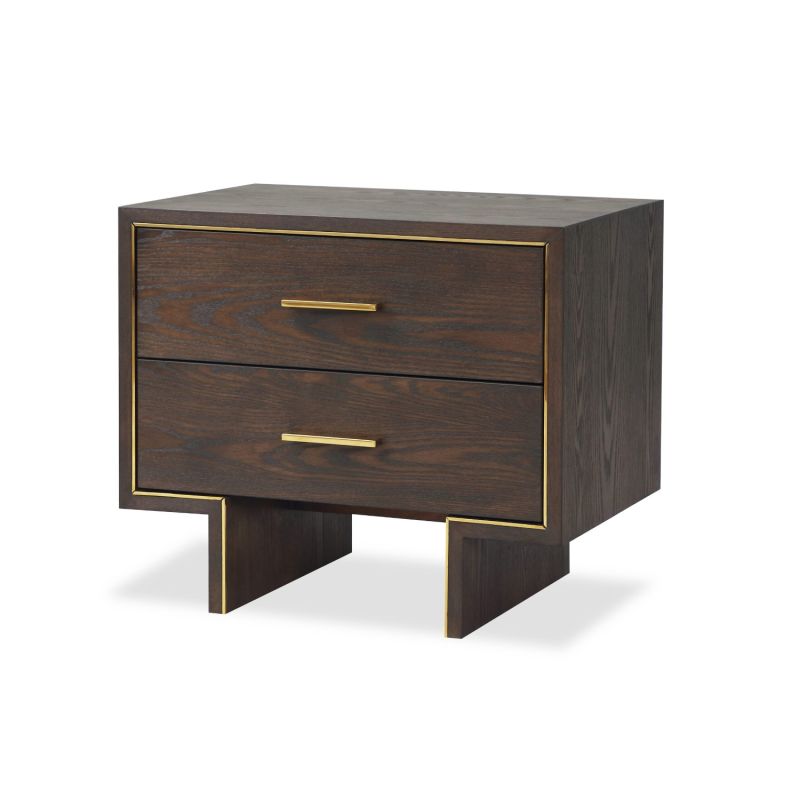 Brown wood bedside table with elegant brass edges and handles