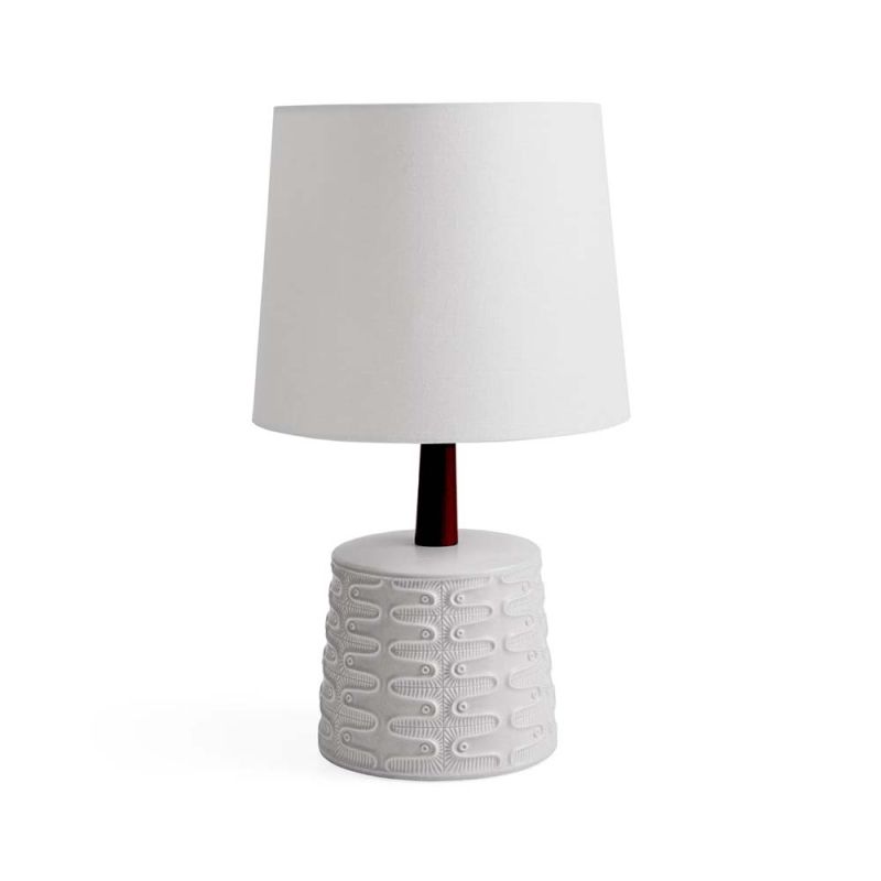 A satin glazed table lamp with relief decor and natural walnut wood neck with a white linen shade