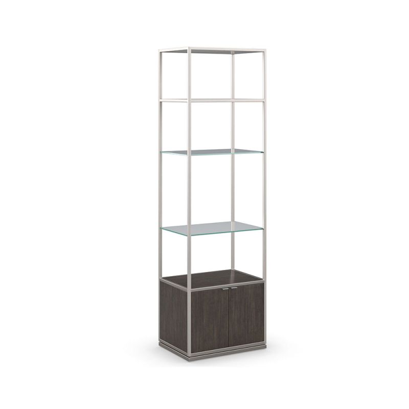 Modern shelving unit with glass shelves, metal frame and cupboard storage 