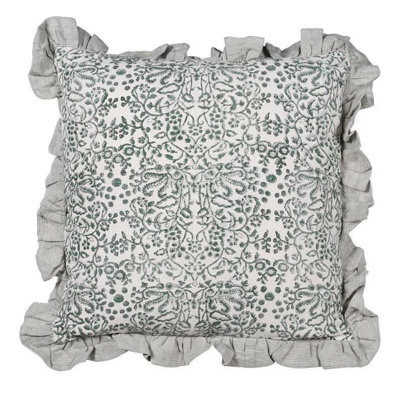 Square cushion in green floral design with elegant ruffled edges.