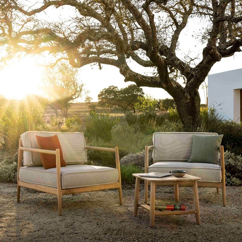 Simple and cosy Scandi-inspired armchair with customisable seat and back cushions