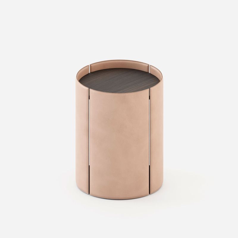 A luxurious side table with leather upholstery and a matte ash table top