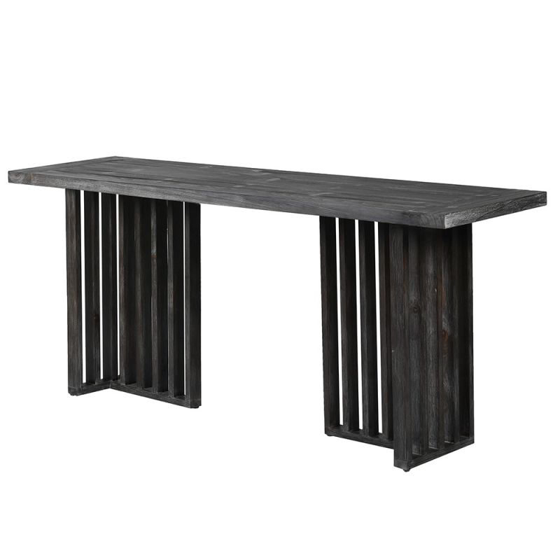 Black wooden console table with slatted legs