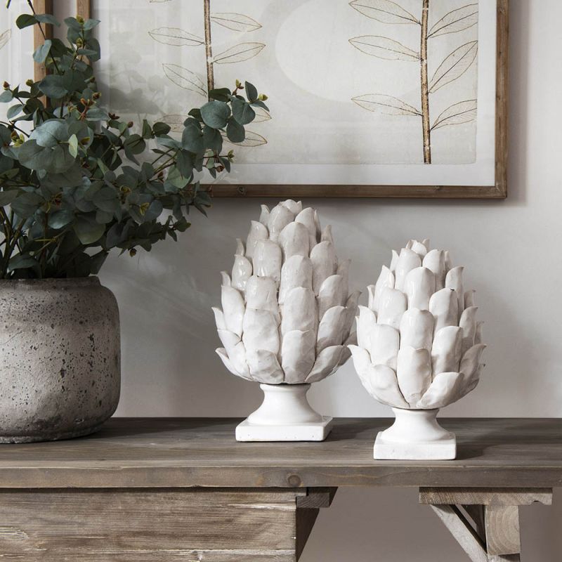 Luxurious large white glazed artichoke sculpture 