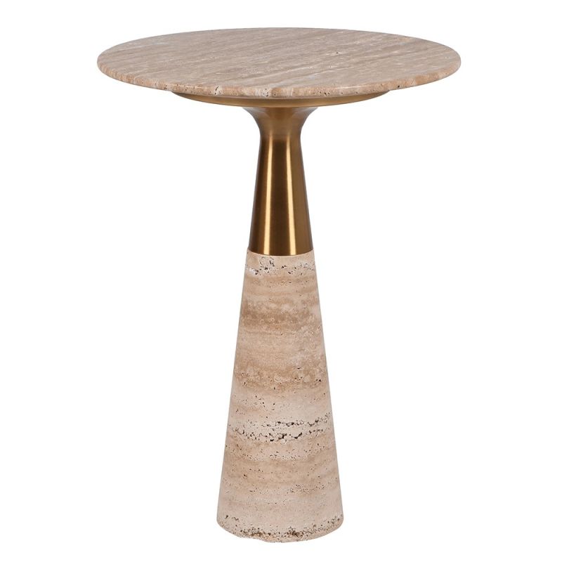 Elegant side table with circular top composed of travertine