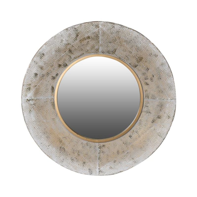 A unique round mirror with glamorous golden tones