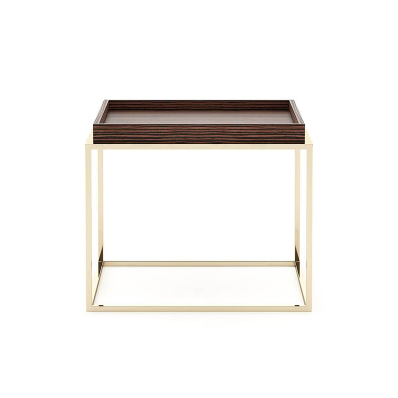 A luxurious side table with golden legs and a smoked matte eucalyptus wood tabletop