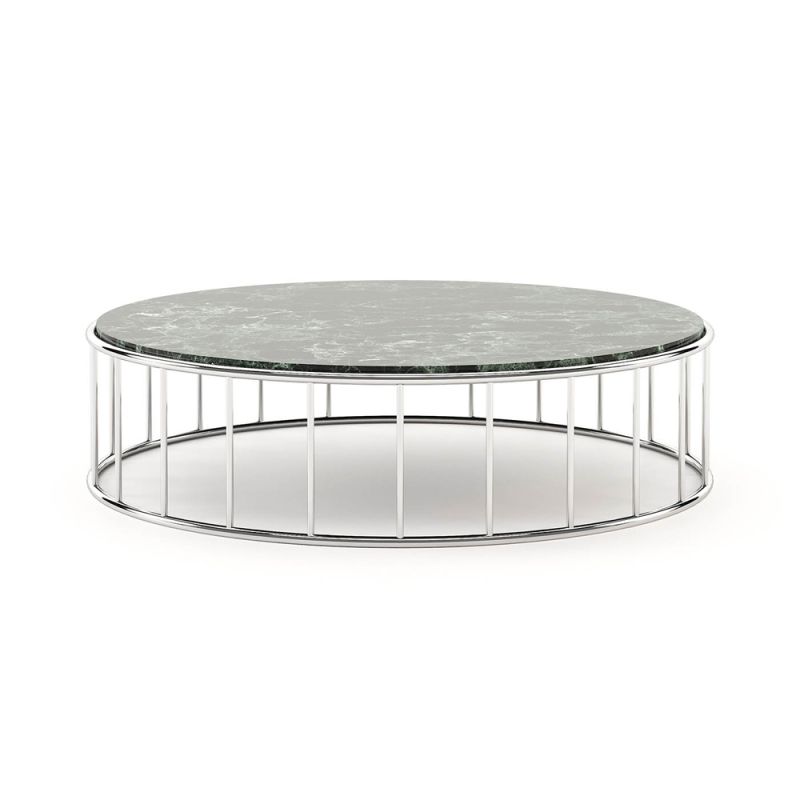 A chic coffee table with a stainless steel frame and a green marble surface