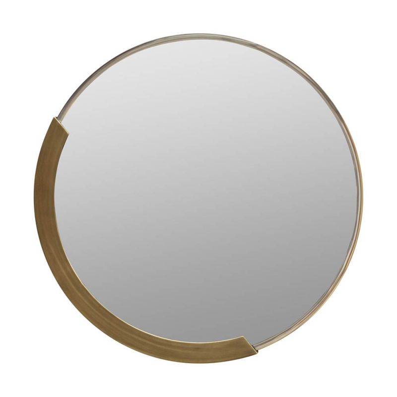 Round mirror with brown metal detail 