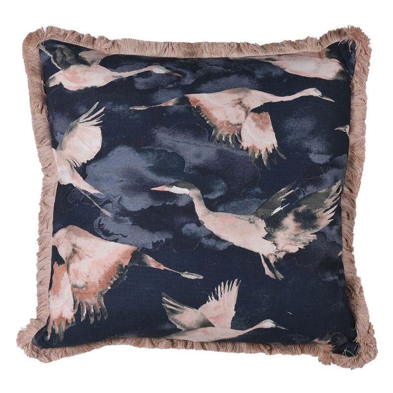 Dark blue cushion with bronze bird print and fringe border