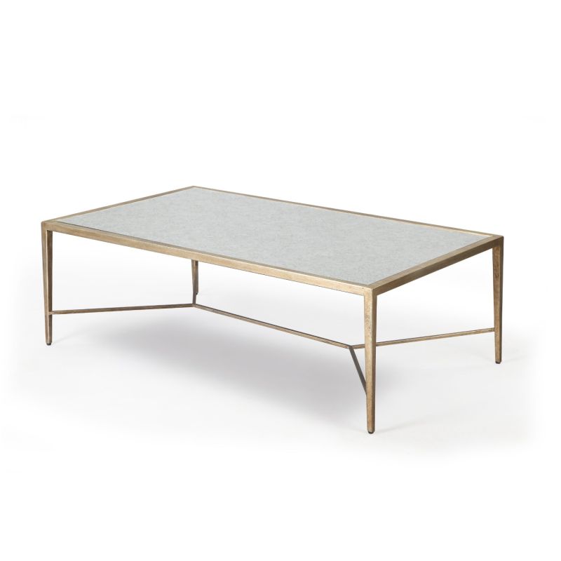 Antiqued metal frame coffee table with antique mirror surface